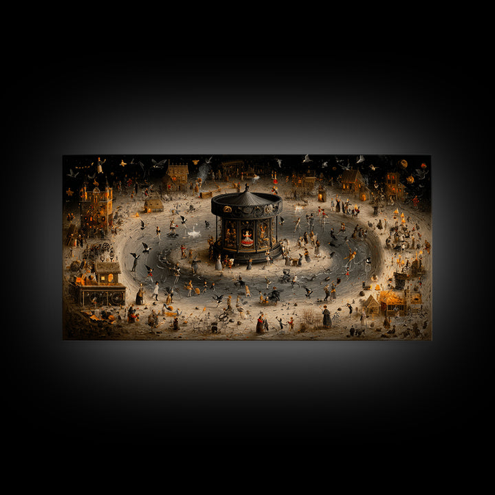 The Haunted Music Box, Northern Renaissance Horror, Wide Panoramic Art, Macabre Wall Art, Framed Canvas Print, Halloween Wall Art