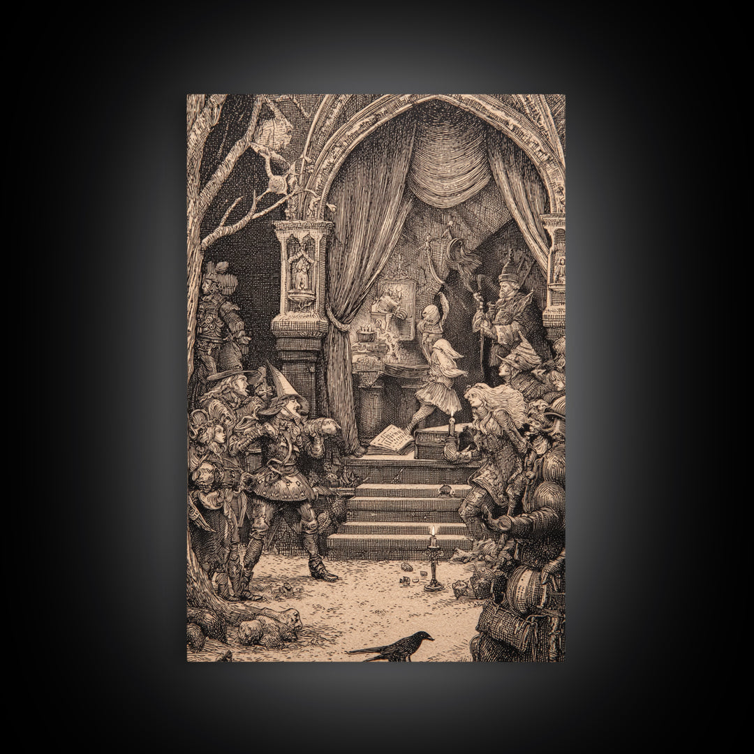 The Haunted Music Box, Renaissance Engraving Art, Vertical Wall Art, Macabre Wall Art, Framed Canvas Print, Halloween Wall Art