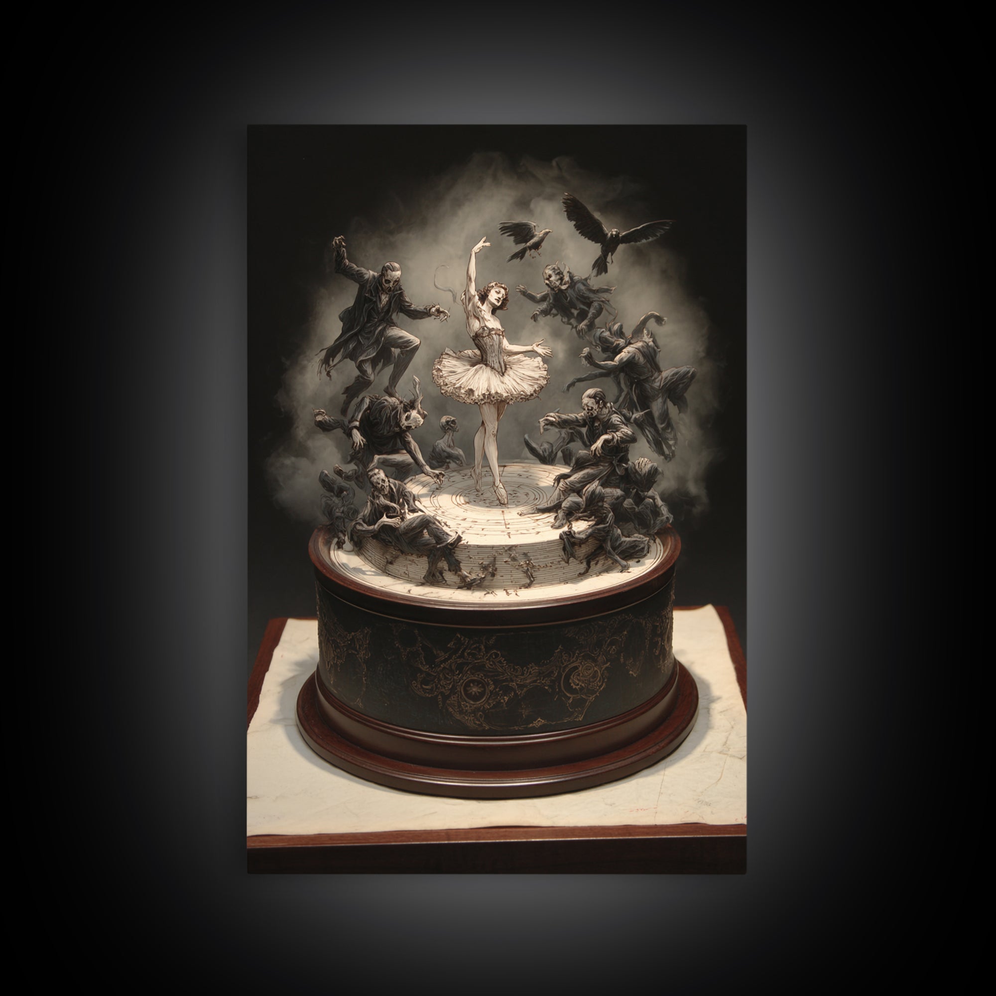 The Haunted Music Box, Gothic Nightmare Art, Vertical Wall Art, Dark Halloween Decor, Framed Canvas Print, Halloween Wall Art