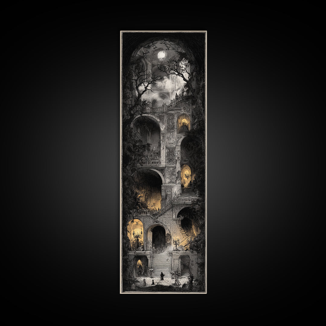 The Haunted Music Box, Architectural Etching Art, Tall Narrow Wall Art, Dark Halloween Decor, Canvas Print, Halloween Wall Art