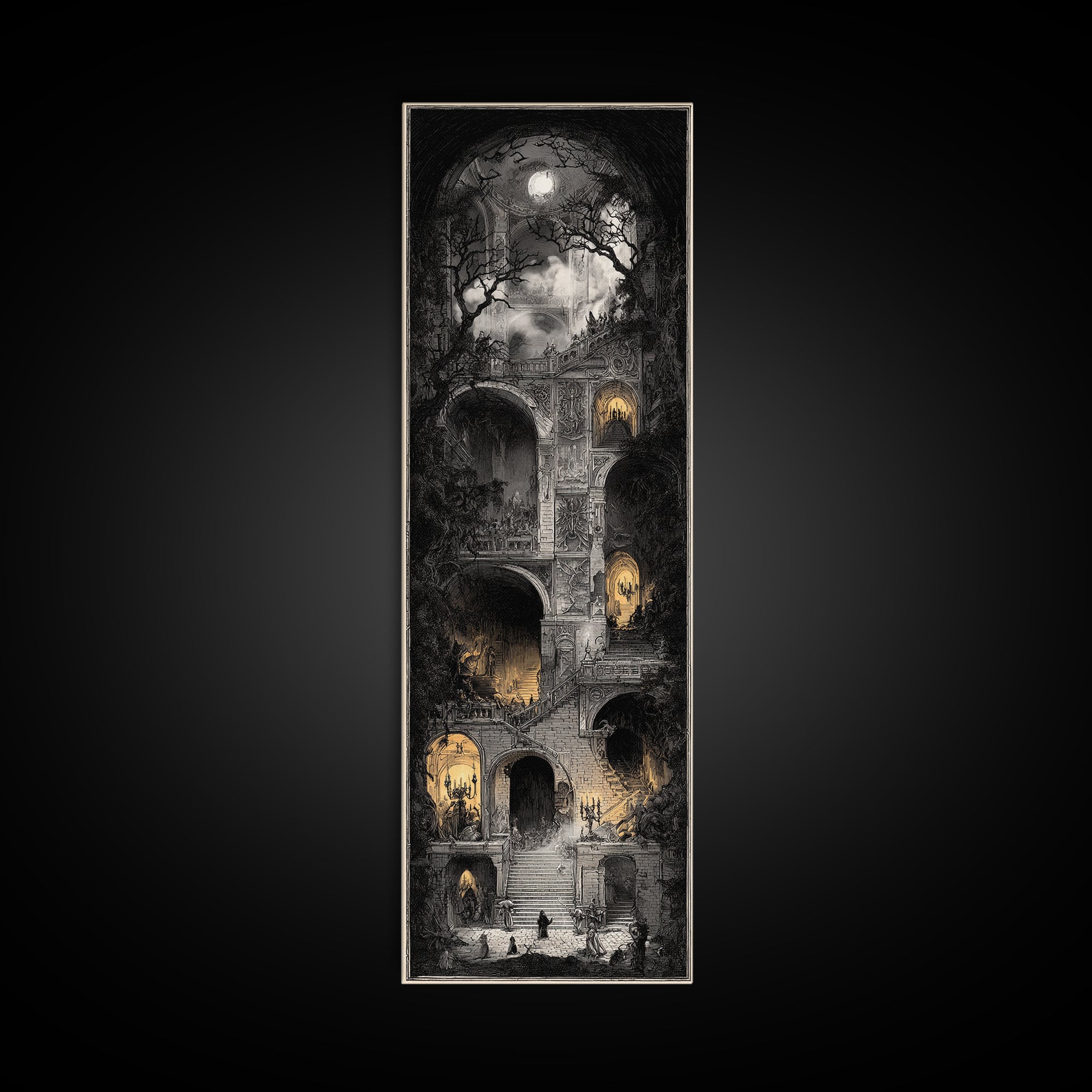 The Haunted Music Box, Architectural Etching Art, Tall Narrow Wall Art, Dark Halloween Decor, Canvas Print, Halloween Wall Art