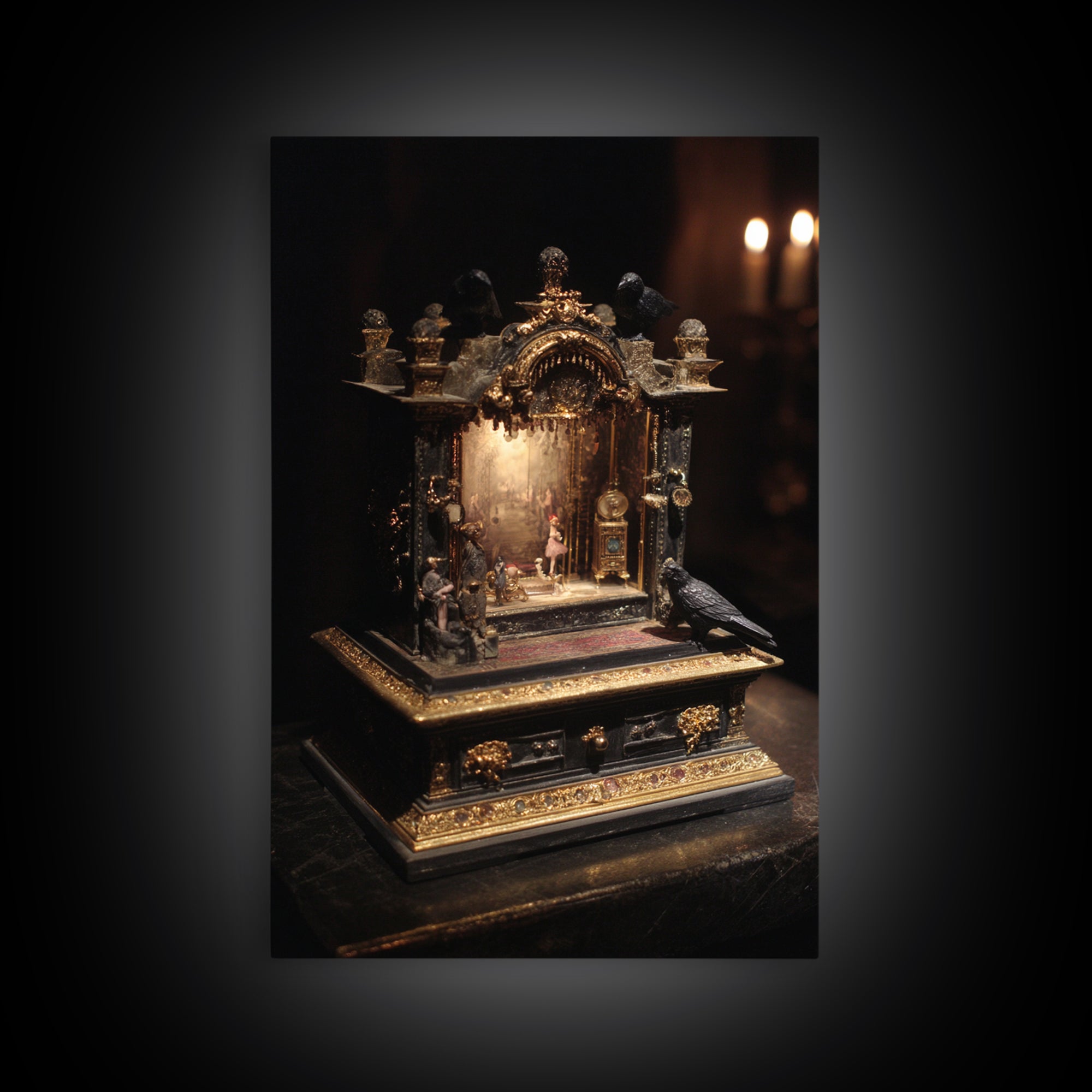 The Haunted Music Box, Ornate Symbolist Art, Vertical Wall Art, Dark Halloween Decor, Canvas Print, Halloween Wall Art