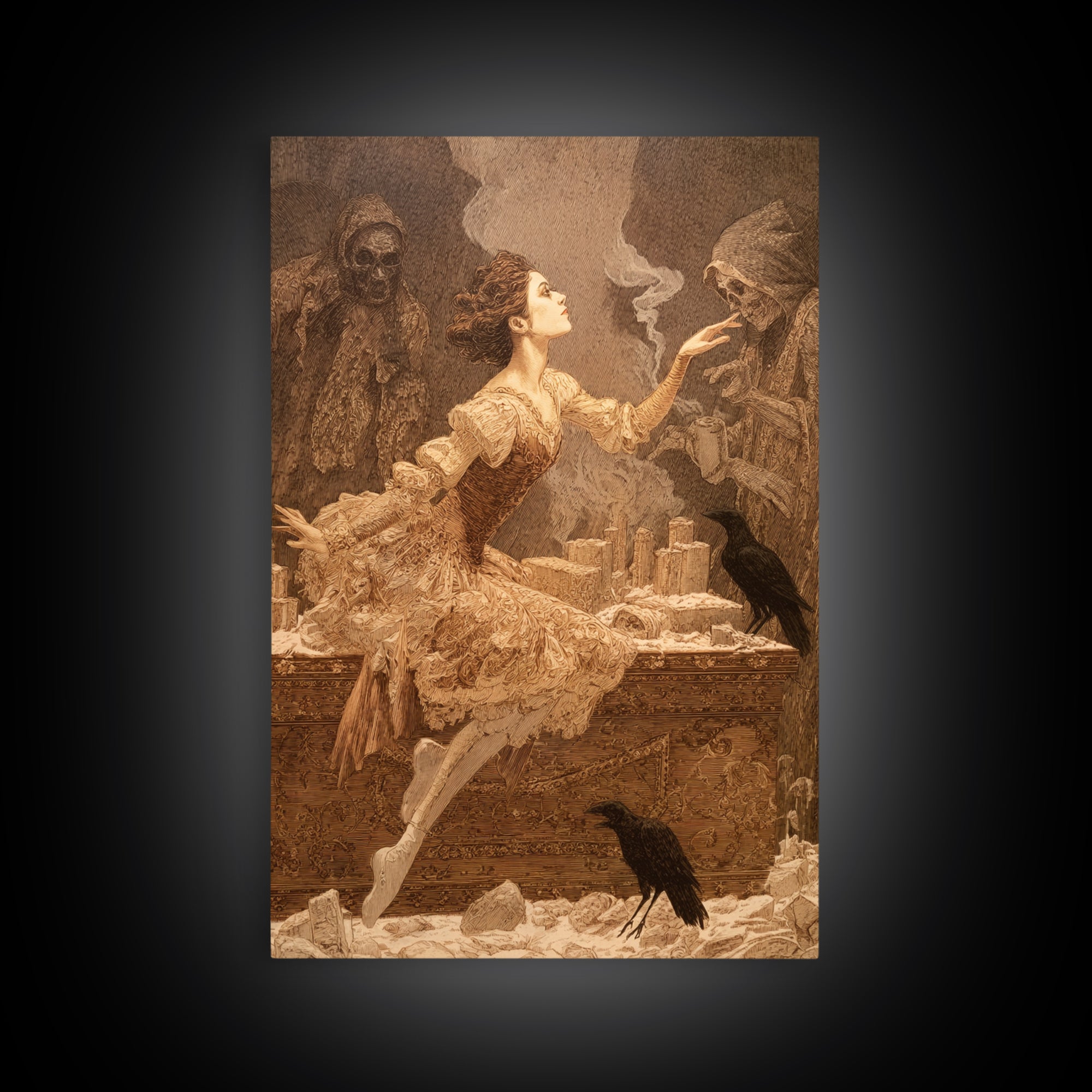 The Haunted Music Box, Symbolist Death Art, Vertical Wall Art, Gothic Horror Wall Art, Framed Canvas Print, Halloween Wall Art