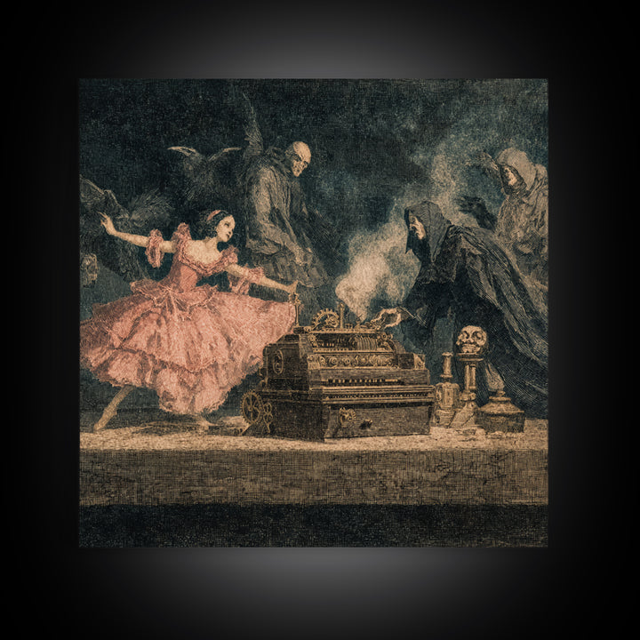 The Haunted Music Box, Symbolist Etching Art, Square Wall Art, Gothic Horror Wall Art, Framed Canvas Print, Halloween Wall Art