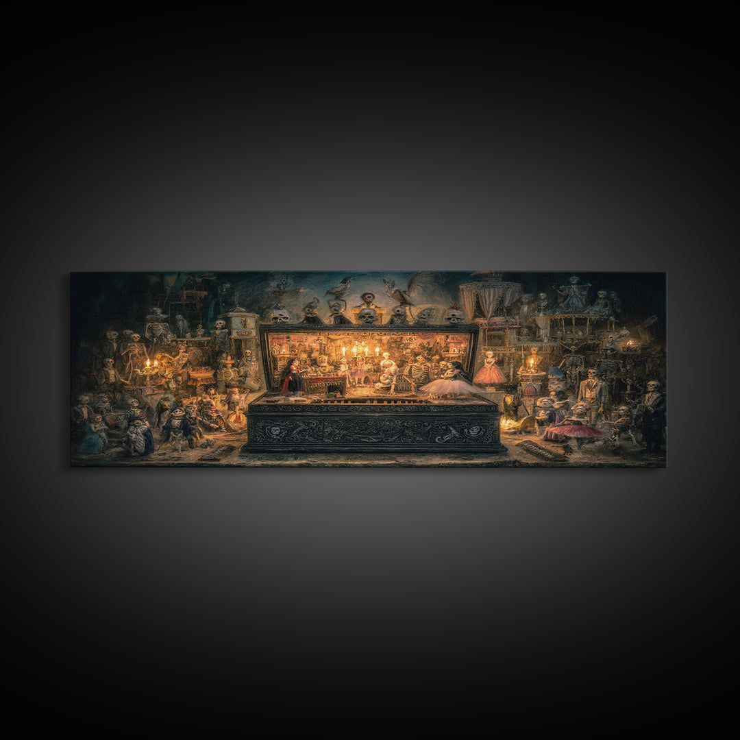 The Haunted Music Box, Grotesque Carnival Art, Wide Panoramic Art, Dark Fantasy Wall Art, Framed Canvas Print, Halloween Wall Art
