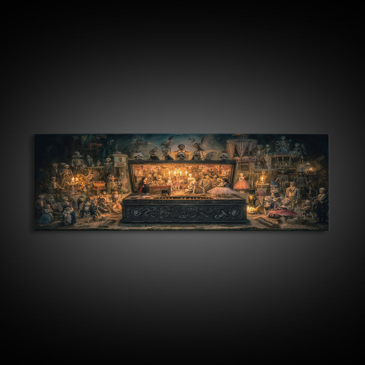The Haunted Music Box, Grotesque Carnival Art, Wide Panoramic Art, Dark Fantasy Wall Art, Framed Canvas Print, Halloween Wall Art