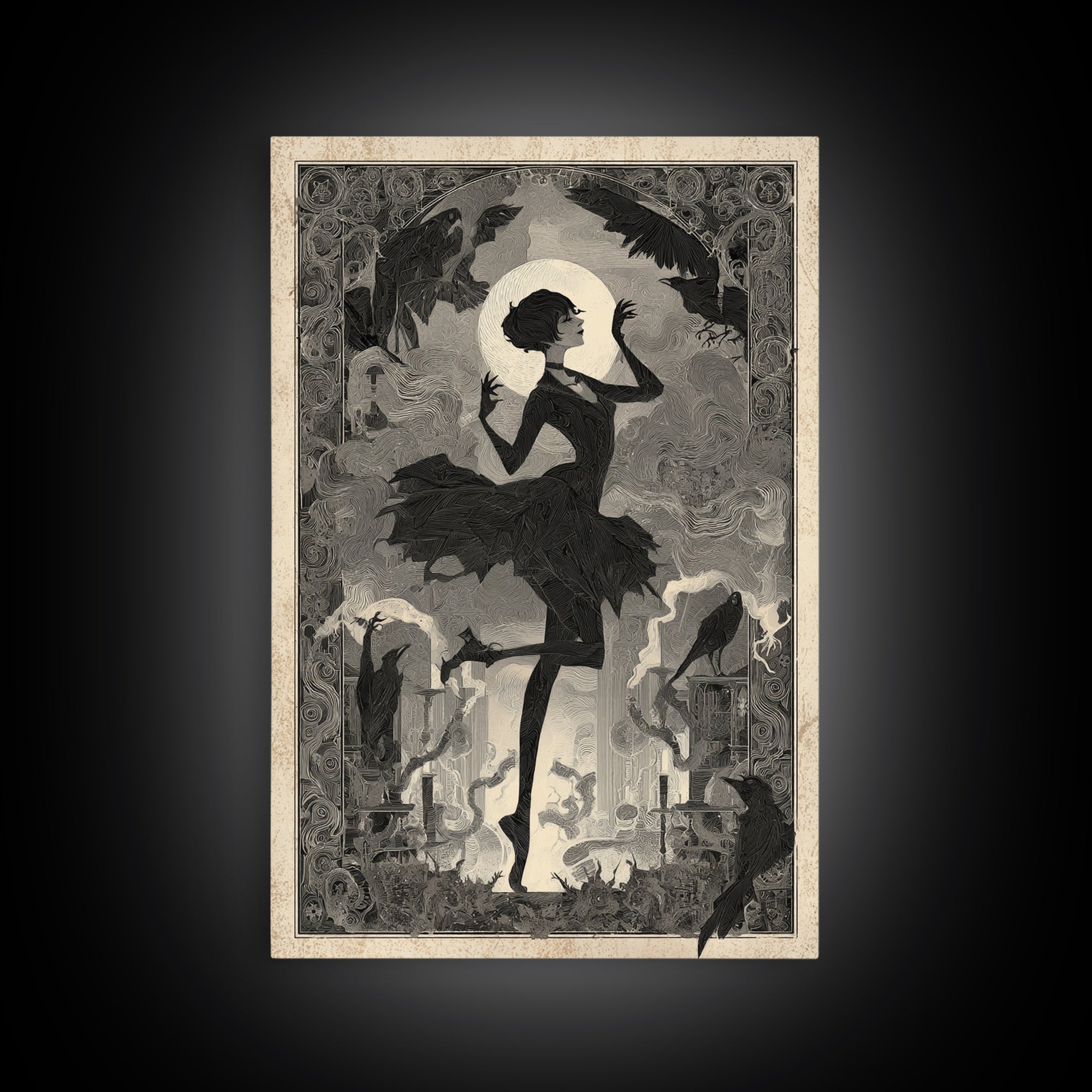 The Haunted Music Box, Decadent Line Art, Vertical Wall Art, Dark Halloween Decor, Canvas Print, Halloween Wall Art