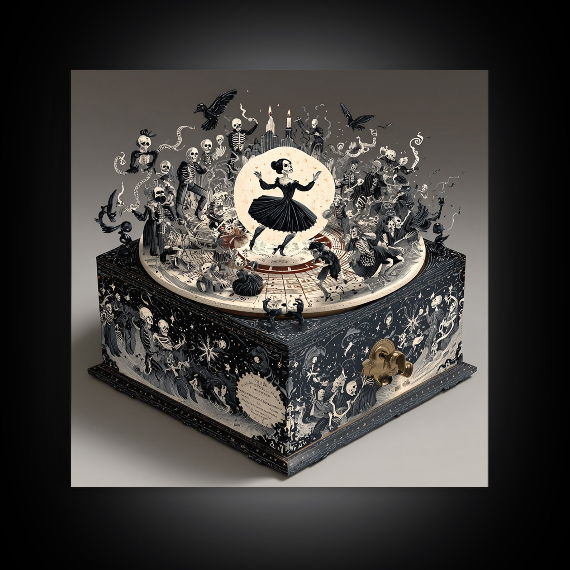 The Haunted Music Box, Macabre Folk Print Art, Square Wall Art, Dark Fantasy Wall Art, Framed Canvas Print, Halloween Wall Art