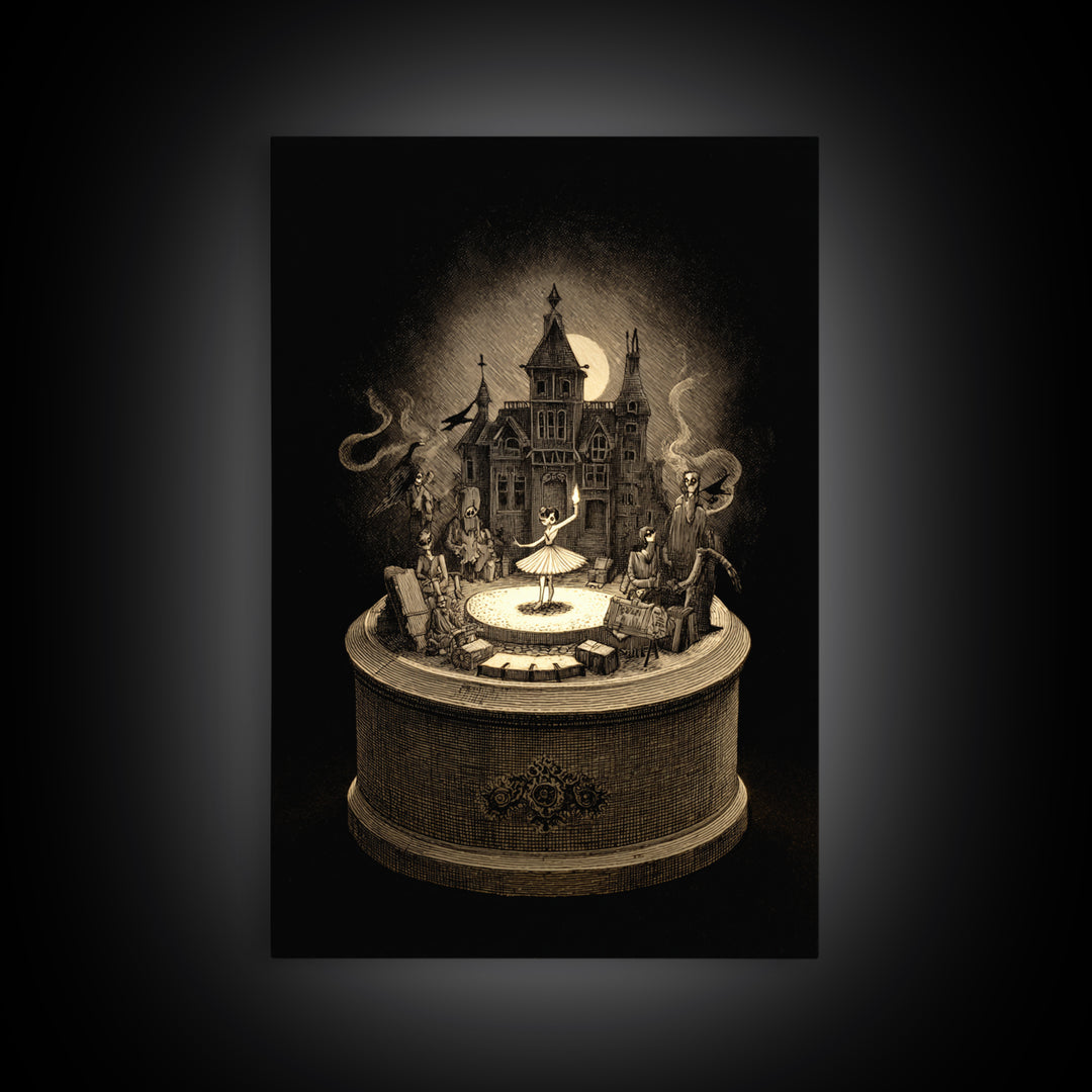 The Haunted Music Box, Victorian Macabre Art, Vertical Wall Art, Macabre Wall Art, Framed Canvas Print, Halloween Wall Art