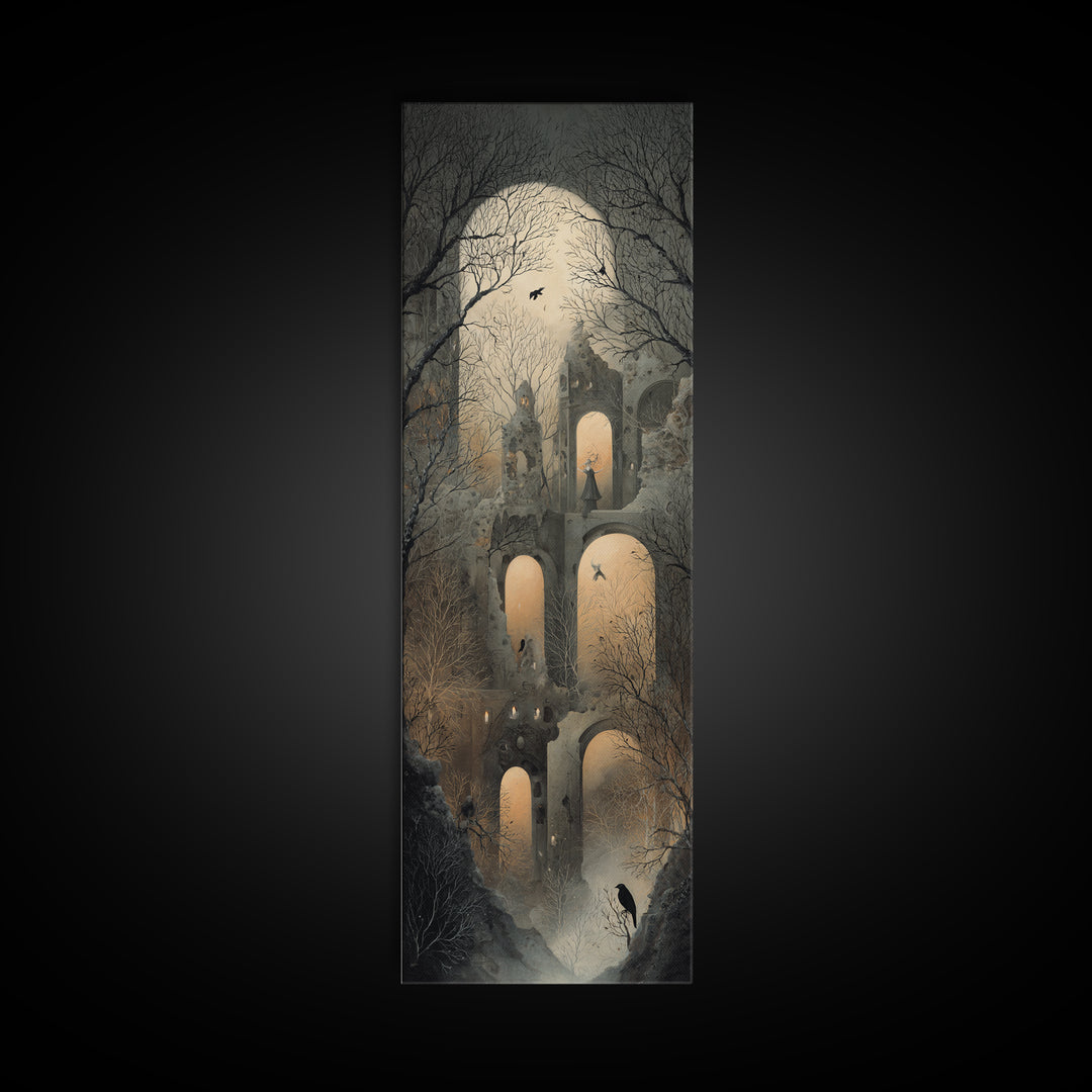 The Haunted Music Box, Surreal Apocalyptic Art, Tall Narrow Wall Art, Macabre Wall Art, Framed Canvas Print, Halloween Wall Art