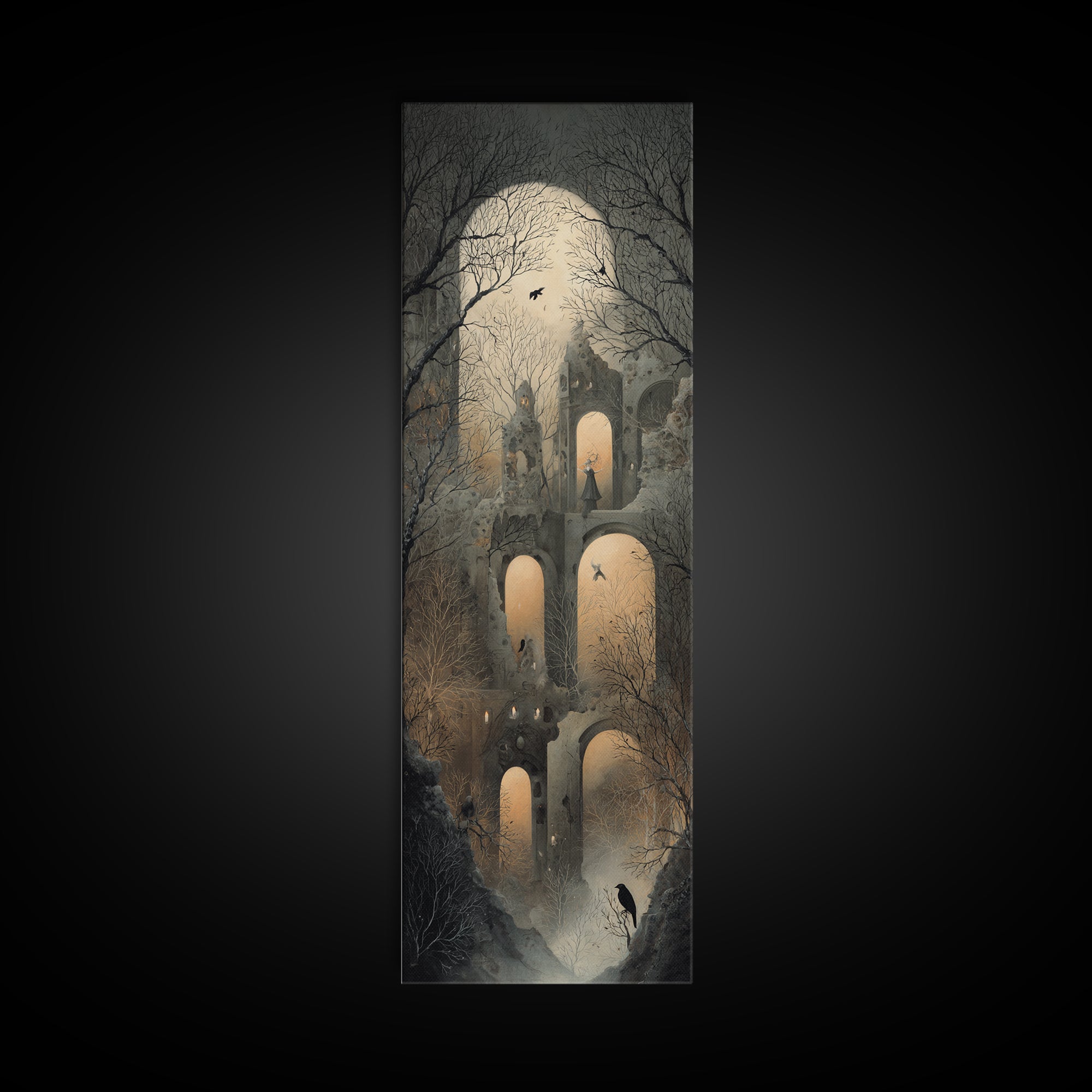 The Haunted Music Box, Surreal Apocalyptic Art, Tall Narrow Wall Art, Macabre Wall Art, Framed Canvas Print, Halloween Wall Art