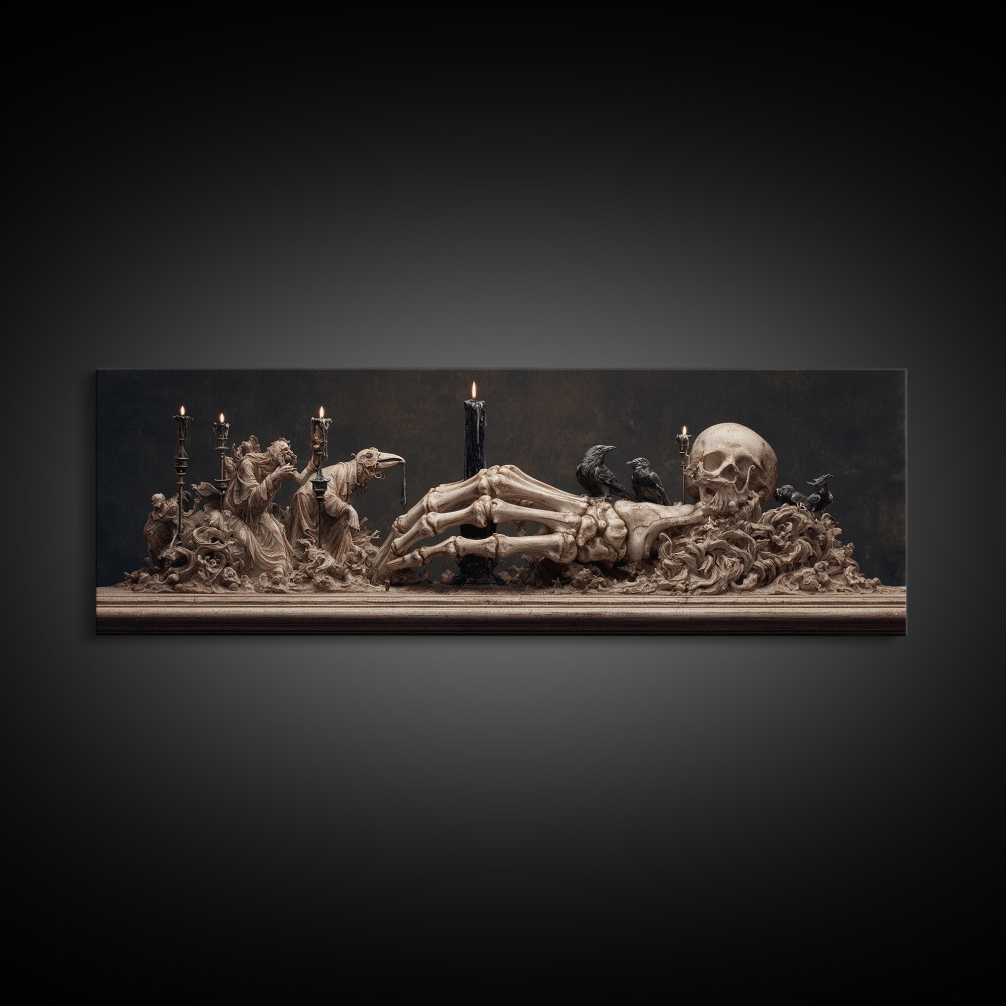 The Skeletal Hand Candleholder, Medieval Grotesque Art, Extra Wide Wall Art, Gothic Horror Wall Art, Canvas Print, Halloween Wall Art