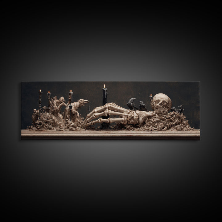 The Skeletal Hand Candleholder, Medieval Grotesque Art, Extra Wide Wall Art, Gothic Horror Wall Art, Canvas Print, Halloween Wall Art