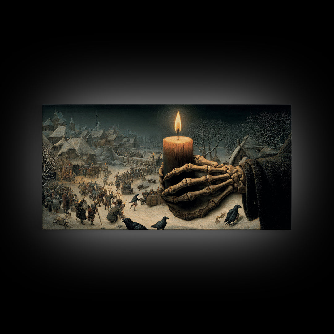 The Skeletal Hand Candleholder, Northern Renaissance Horror, Wide Panoramic Art, Dark Fantasy Wall Art, Framed Canvas Print