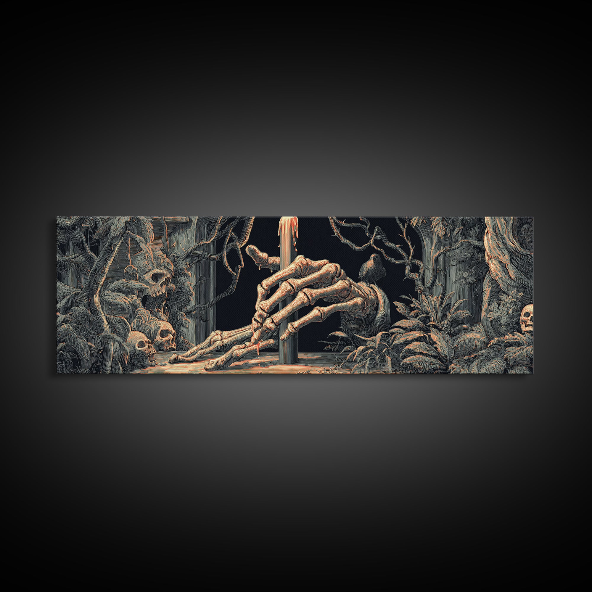 The Skeletal Hand Candleholder, Dark Renaissance Art, Extra Wide Wall Art, Dark Fantasy Wall Art, Framed Canvas Print