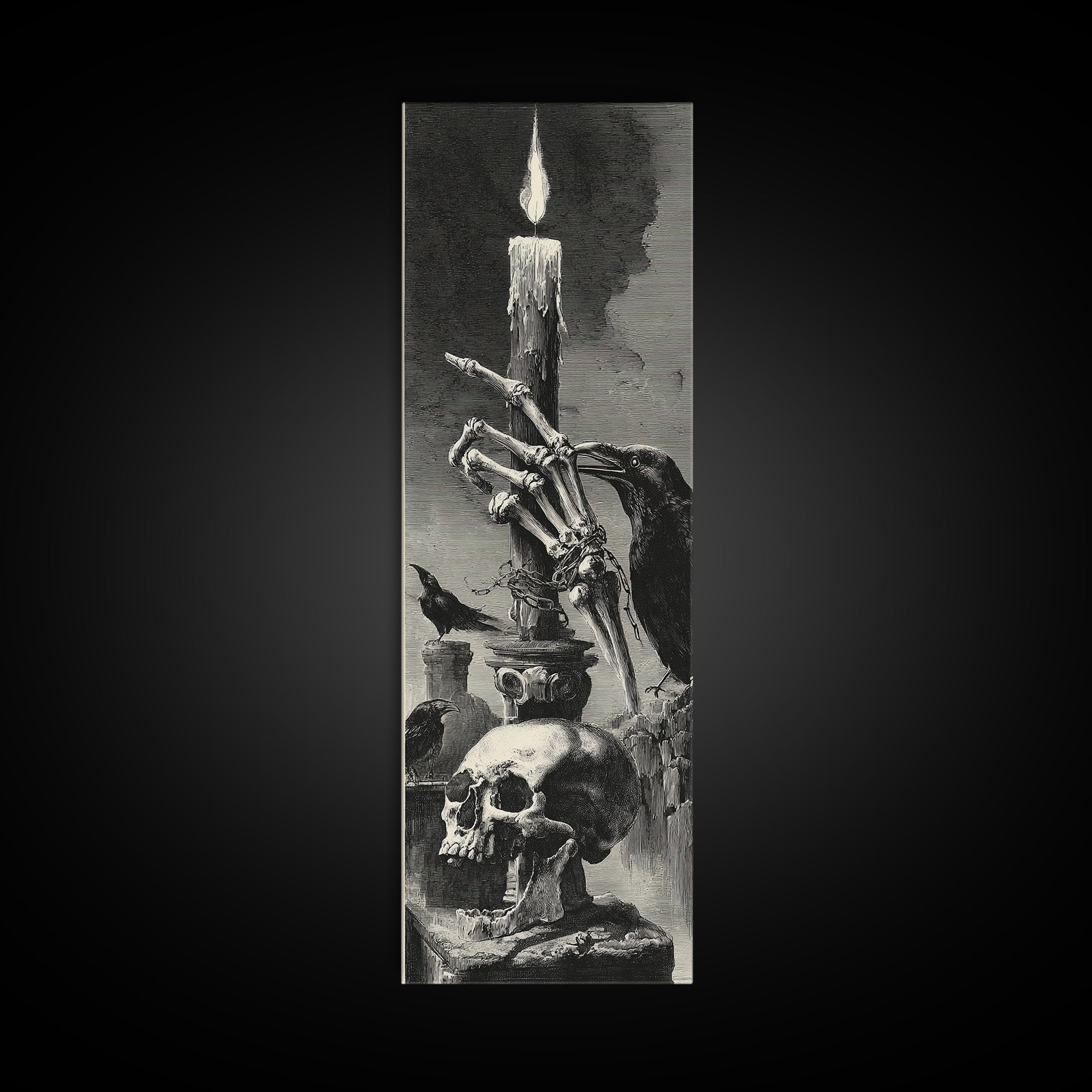 The Skeletal Hand Candleholder, Architectural Etching Art, Tall Narrow Wall Art, Dark Fantasy Wall Art, Canvas Print