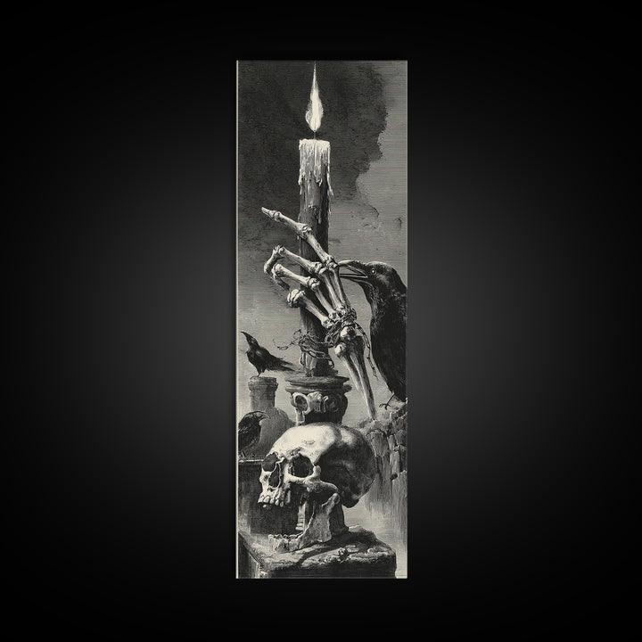 The Skeletal Hand Candleholder, Architectural Etching Art, Tall Narrow Wall Art, Dark Fantasy Wall Art, Canvas Print
