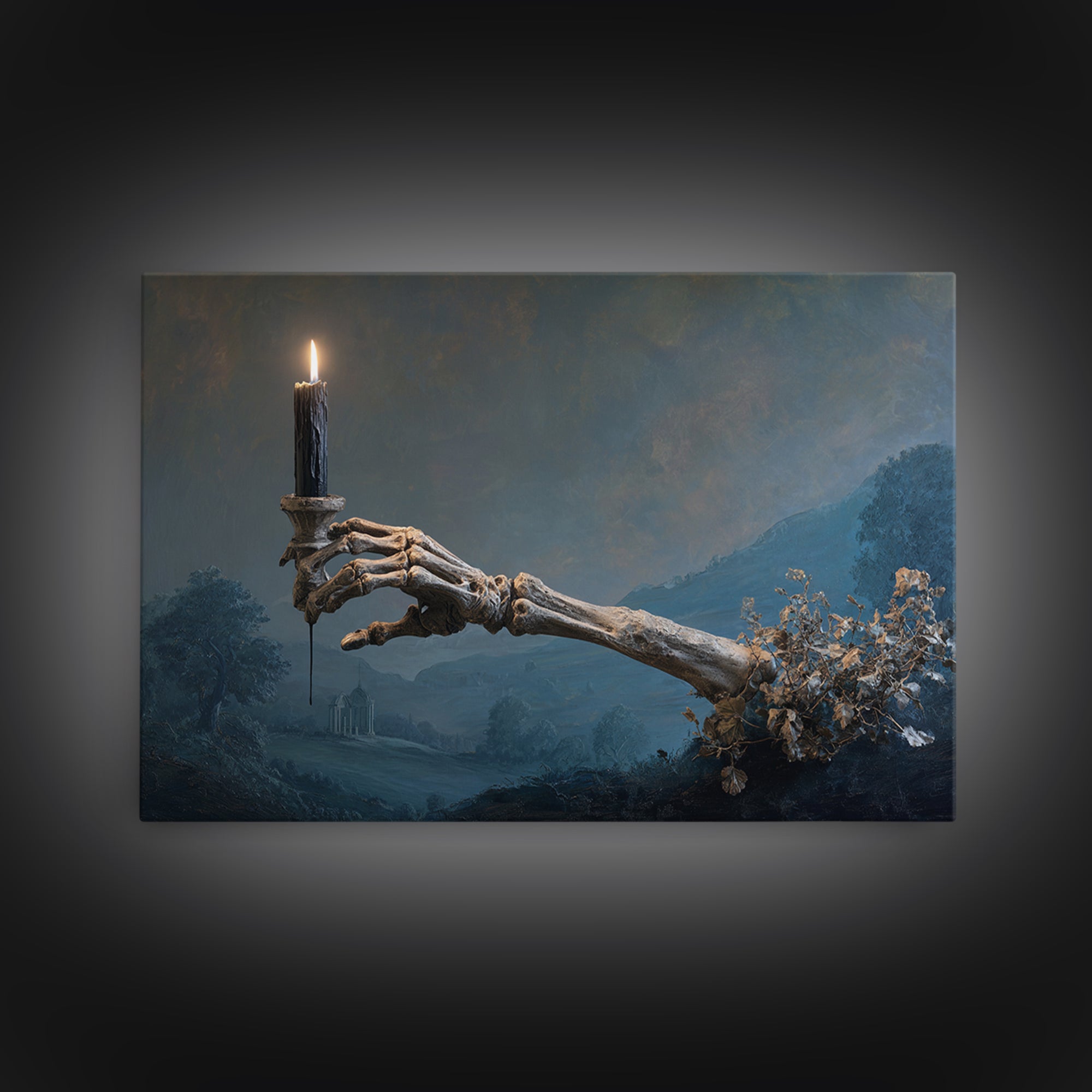 The Skeletal Hand Candleholder, Romantic Gothic Landscape, Landscape Wall Art, Dark Fantasy Wall Art, Canvas Print