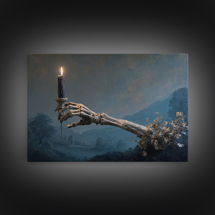The Skeletal Hand Candleholder, Romantic Gothic Landscape, Landscape Wall Art, Dark Fantasy Wall Art, Canvas Print