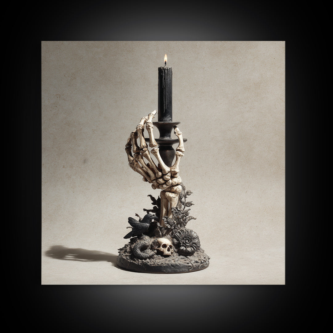 The Skeletal Hand Candleholder, Symbolist Dream Art, Square Wall Art, Dark Fantasy Wall Art, Framed Canvas Print, Halloween Wall Art