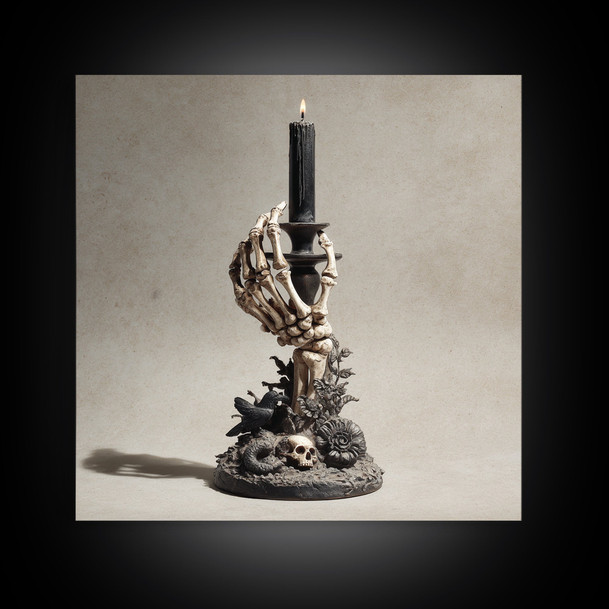 The Skeletal Hand Candleholder, Symbolist Dream Art, Square Wall Art, Dark Fantasy Wall Art, Framed Canvas Print, Halloween Wall Art