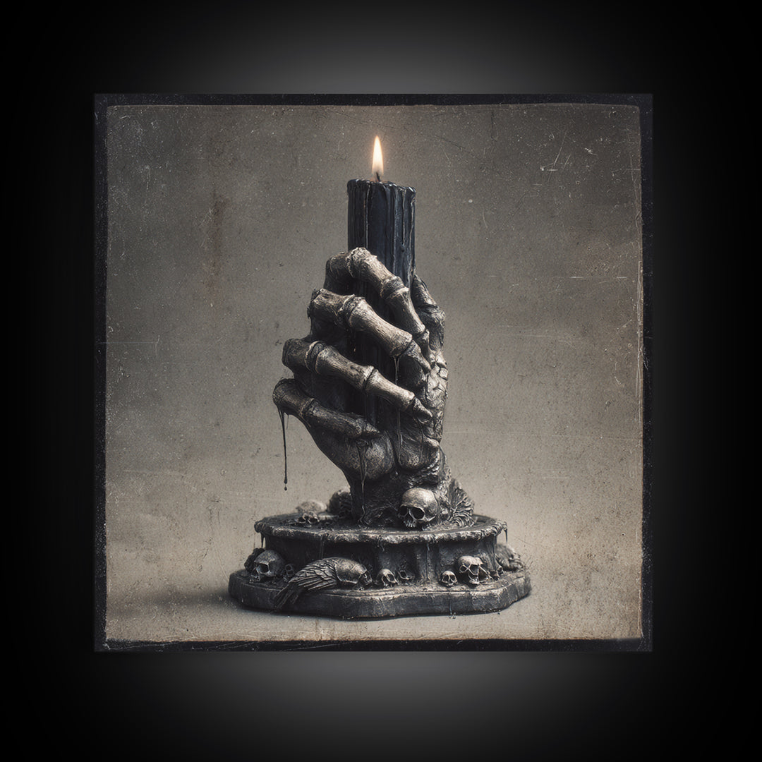 The Skeletal Hand Candleholder, Dark Symbolist Art, Square Wall Art, Macabre Wall Art, Canvas Print, Halloween Wall Art