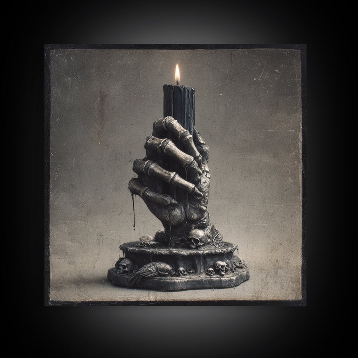 The Skeletal Hand Candleholder, Dark Symbolist Art, Square Wall Art, Macabre Wall Art, Canvas Print, Halloween Wall Art