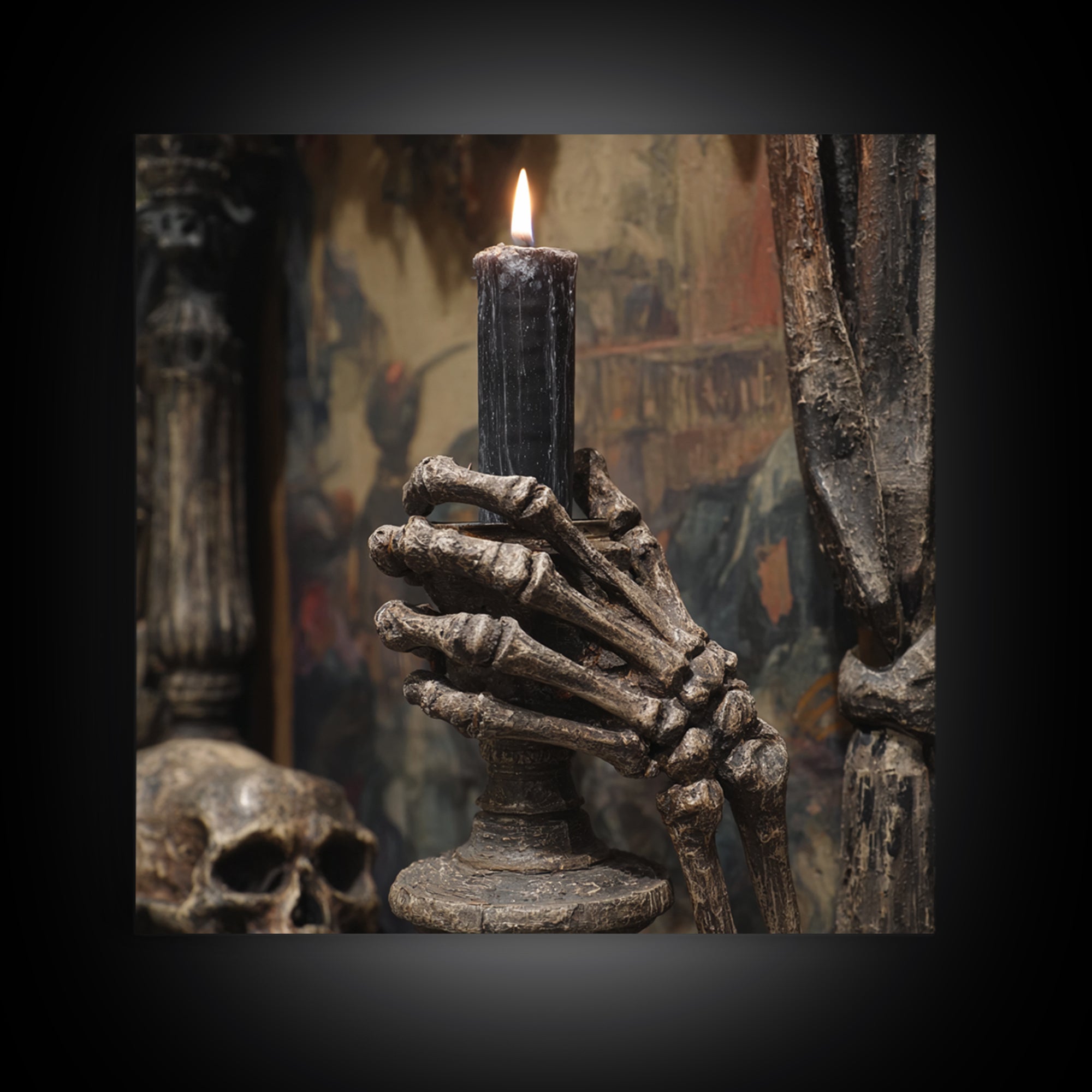 The Skeletal Hand Candleholder, Grotesque Carnival Art, Square Wall Art, Dark Halloween Decor, Canvas Print, Halloween Wall Art