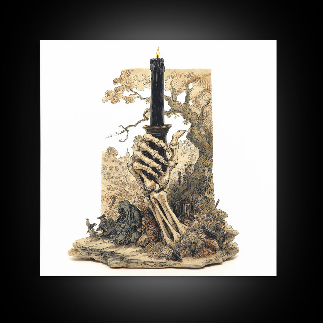 The Skeletal Hand Candleholder, Gothic Storybook Art, Square Wall Art, Macabre Wall Art, Canvas Print, Halloween Wall Art