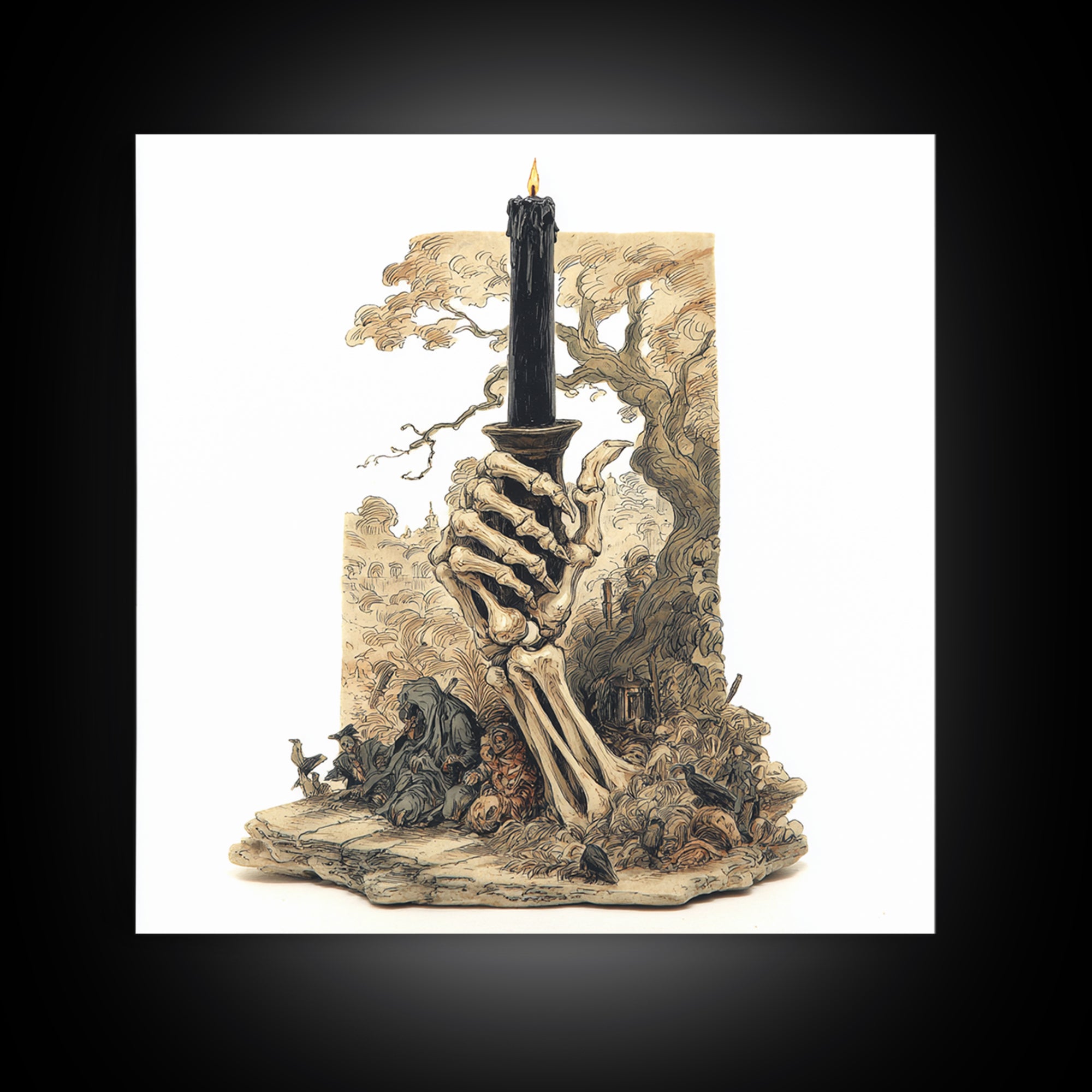 The Skeletal Hand Candleholder, Gothic Storybook Art, Square Wall Art, Macabre Wall Art, Canvas Print, Halloween Wall Art