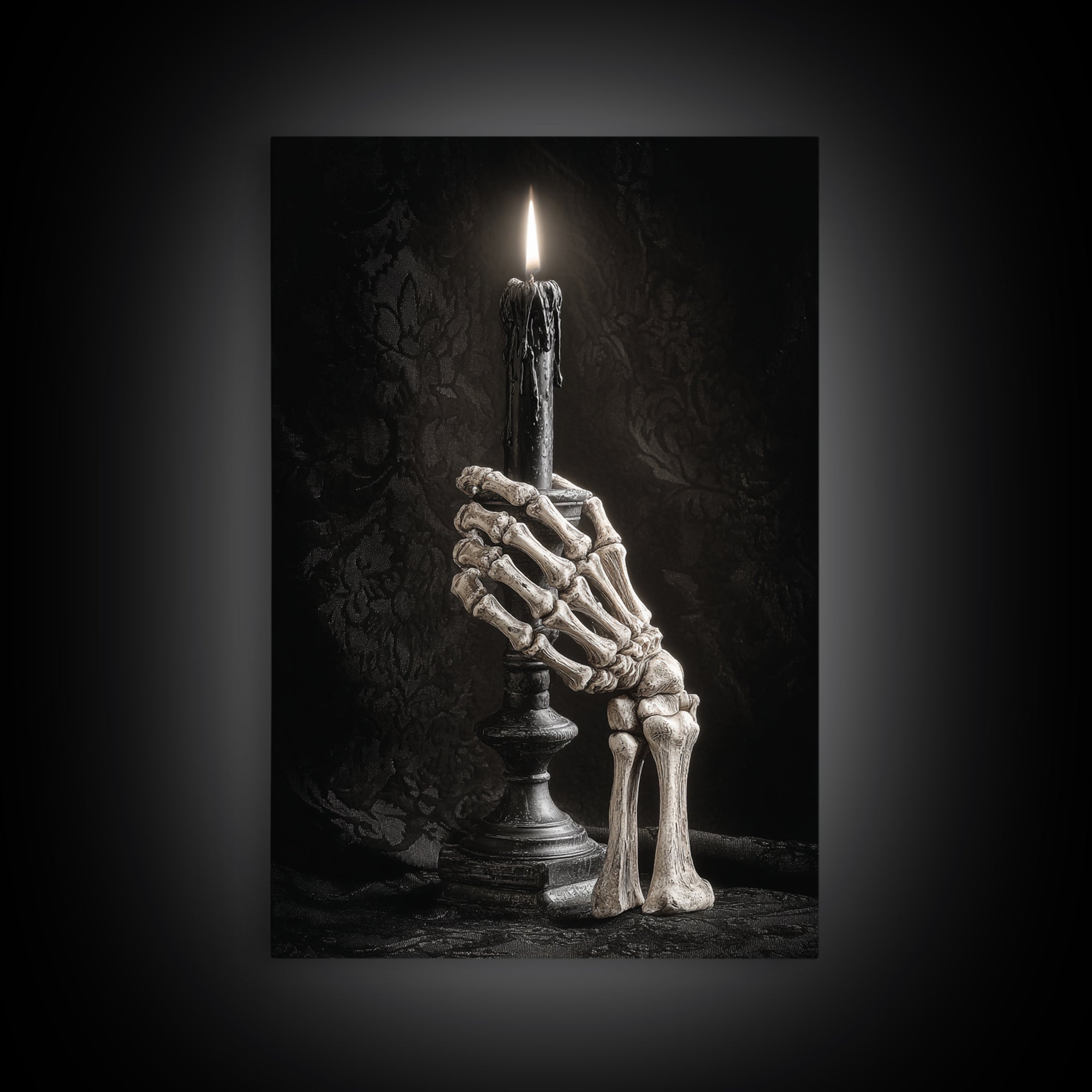The Skeletal Hand Candleholder, Victorian Macabre Art, Vertical Wall Art, Macabre Wall Art, Framed Canvas Print, Halloween Wall Art