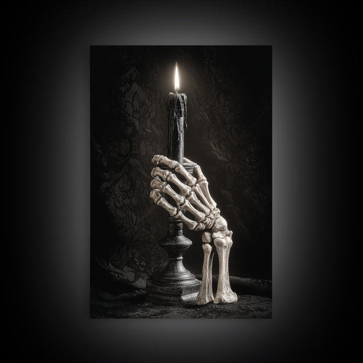 The Skeletal Hand Candleholder, Victorian Macabre Art, Vertical Wall Art, Macabre Wall Art, Framed Canvas Print, Halloween Wall Art