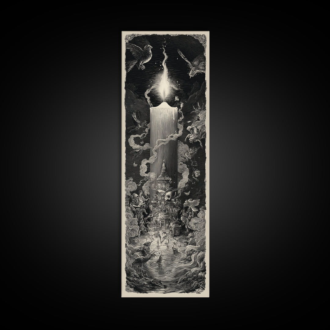 The Black Wax Candle, Gothic Engraving Art, Tall Narrow Wall Art, Dark Fantasy Wall Art, Canvas Print, Halloween Wall Art