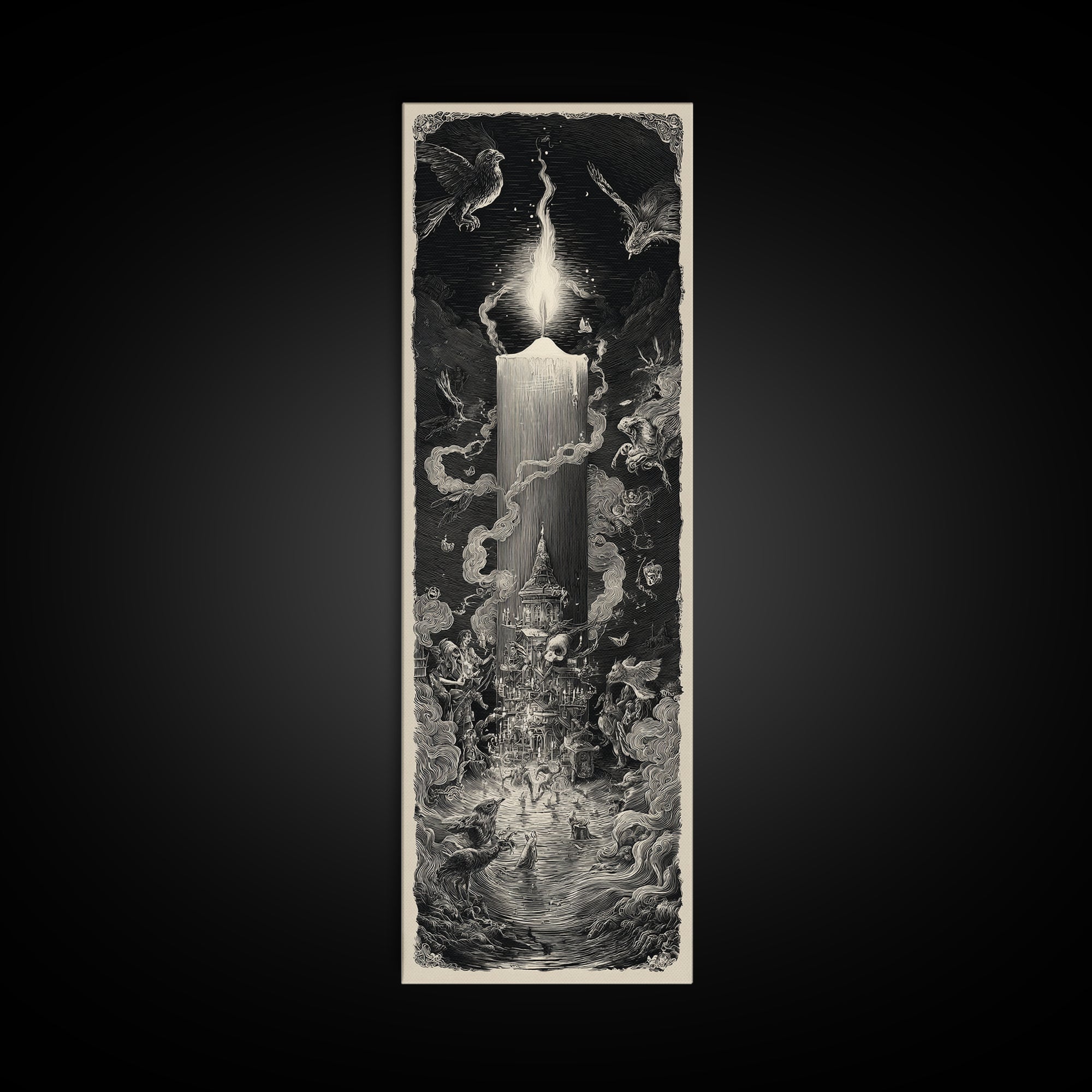 The Black Wax Candle, Gothic Engraving Art, Tall Narrow Wall Art, Dark Fantasy Wall Art, Canvas Print, Halloween Wall Art