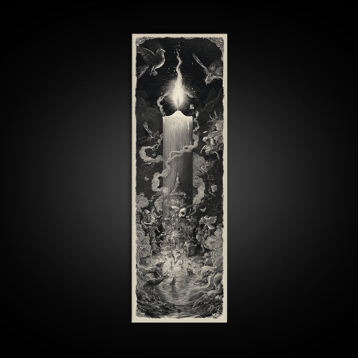 The Black Wax Candle, Gothic Engraving Art, Tall Narrow Wall Art, Dark Fantasy Wall Art, Canvas Print, Halloween Wall Art