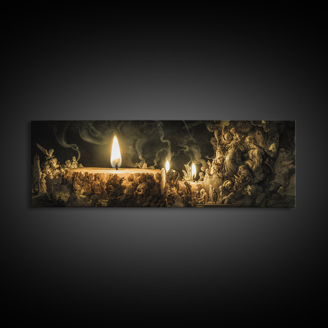 The Black Wax Candle, Medieval Grotesque Art, Extra Wide Wall Art, Dark Halloween Decor, Framed Canvas Print, Halloween Wall Art