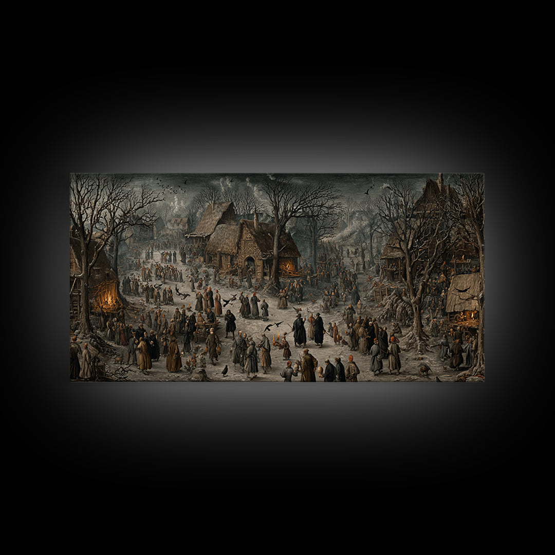The Black Wax Candle, Northern Renaissance Horror, Wide Panoramic Art, Dark Halloween Decor, Framed Canvas Print