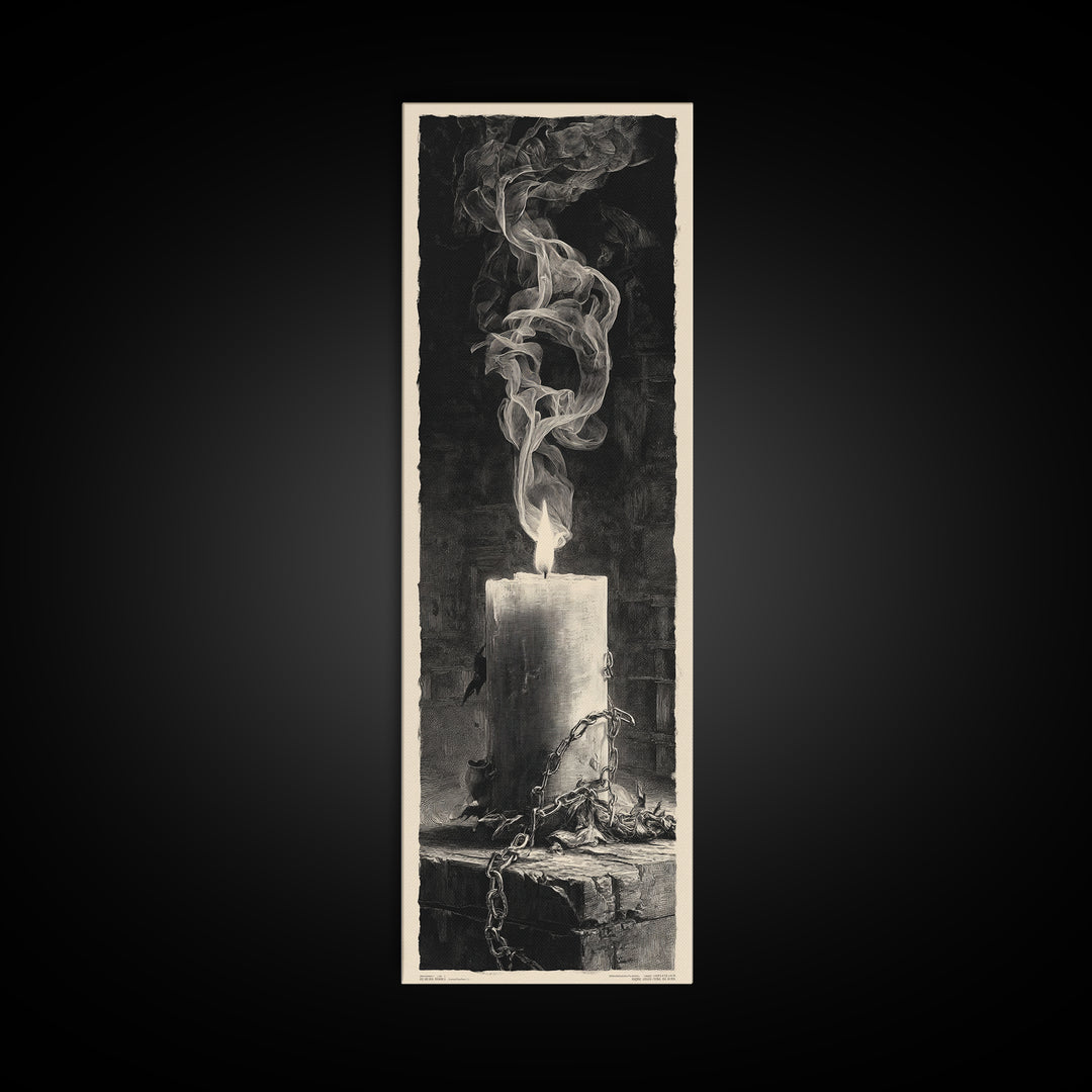 The Black Wax Candle, Architectural Etching Art, Tall Narrow Wall Art, Macabre Wall Art, Framed Canvas Print