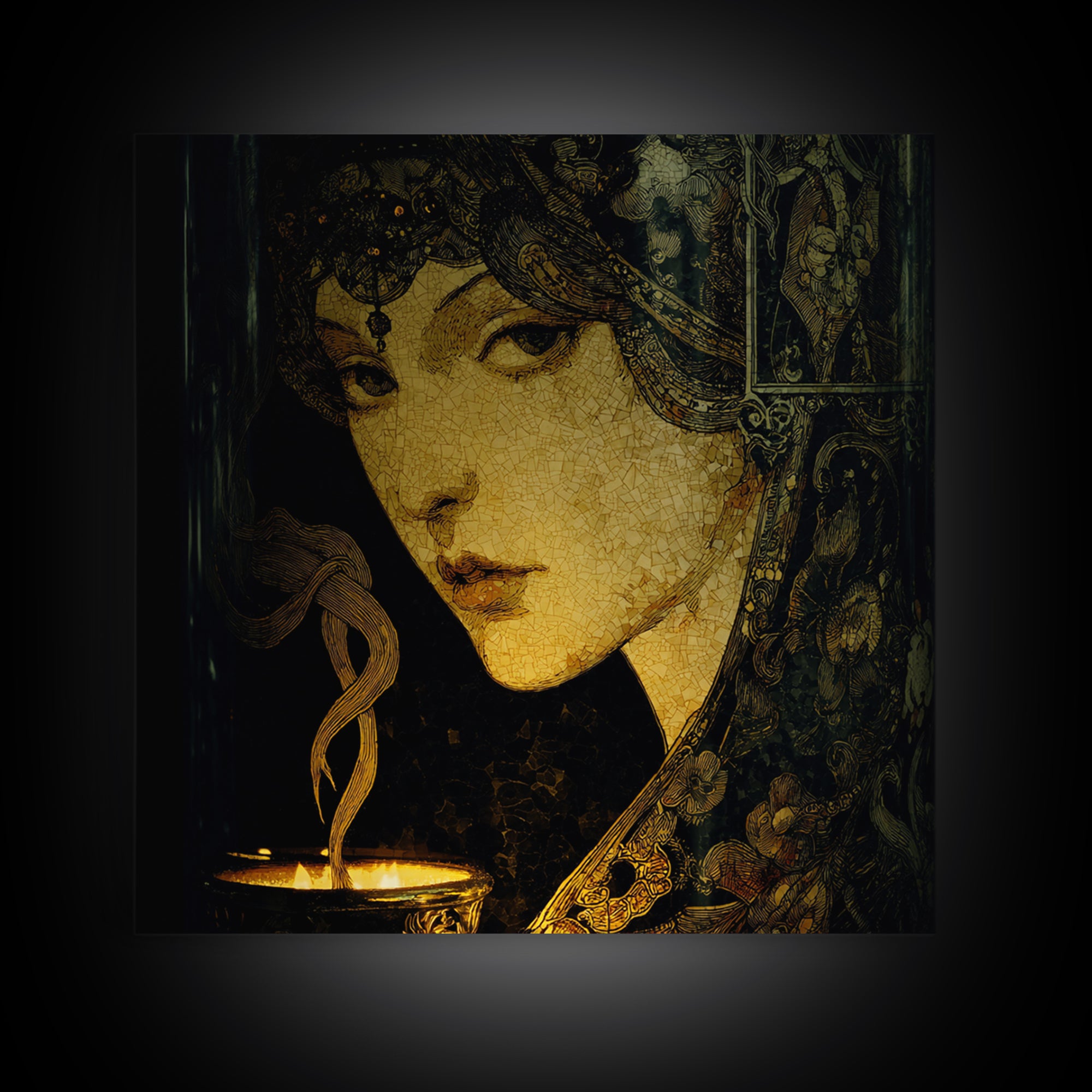 The Black Wax Candle, Stained Glass Gothic Art, Square Wall Art, Dark Fantasy Wall Art, Canvas Print, Halloween Wall Art