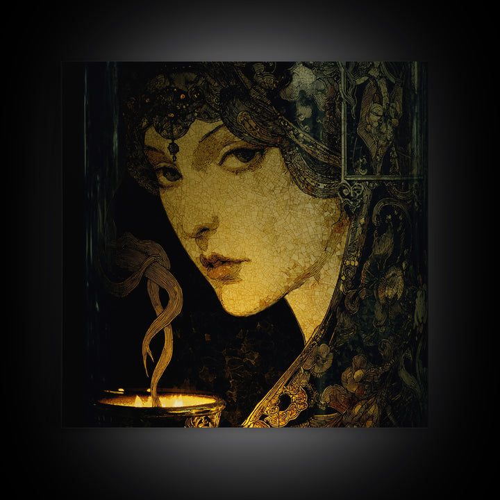 The Black Wax Candle, Stained Glass Gothic Art, Square Wall Art, Dark Fantasy Wall Art, Canvas Print, Halloween Wall Art
