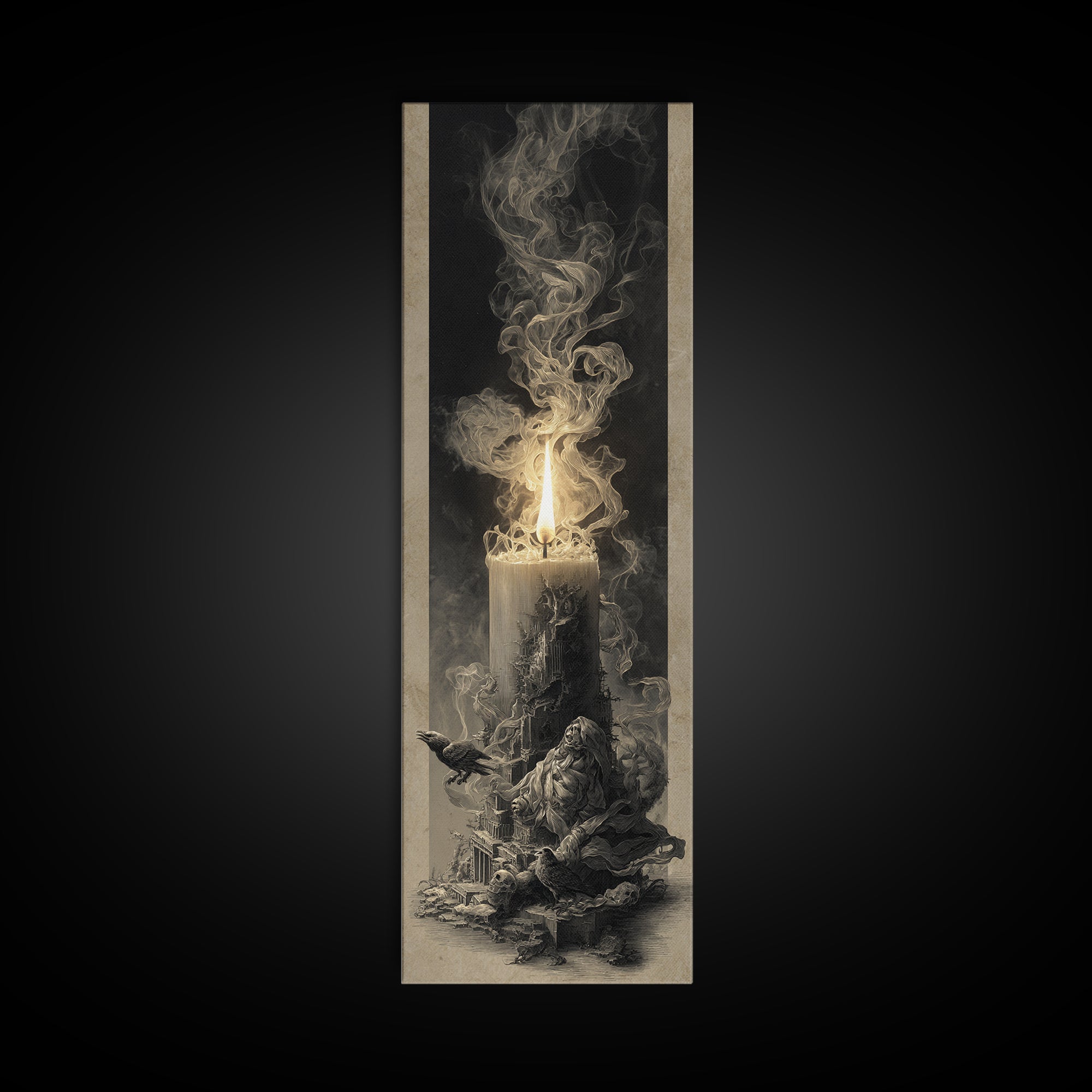 The Black Wax Candle, Surreal Apocalyptic Art, Tall Narrow Wall Art, Gothic Horror Wall Art, Canvas Print, Halloween Wall Art