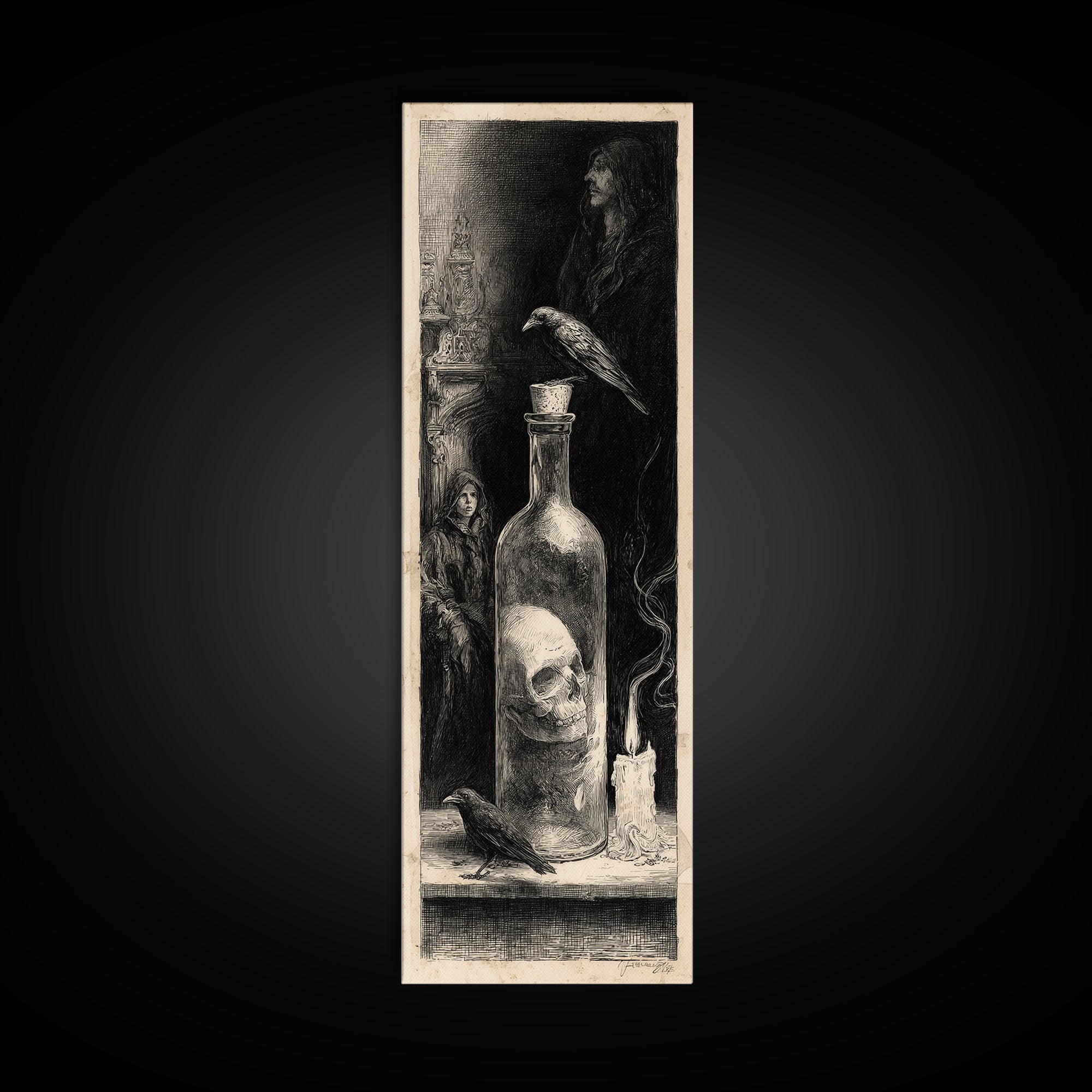 The Bottled Ghost, Gothic Engraving Art, Tall Narrow Wall Art, Macabre Wall Art, Framed Canvas Print, Halloween Wall Art