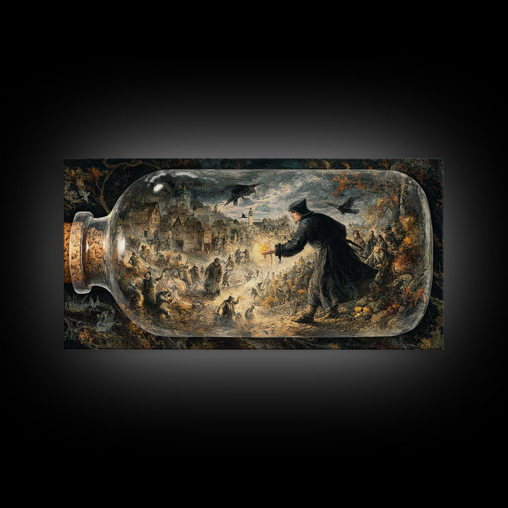 The Bottled Ghost, Northern Renaissance Horror, Wide Panoramic Art, Macabre Wall Art, Framed Canvas Print, Halloween Wall Art