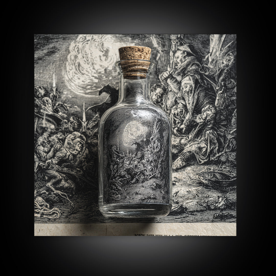 The Bottled Ghost, Renaissance Engraving Art, Square Wall Art, Dark Fantasy Wall Art, Framed Canvas Print, Halloween Wall Art