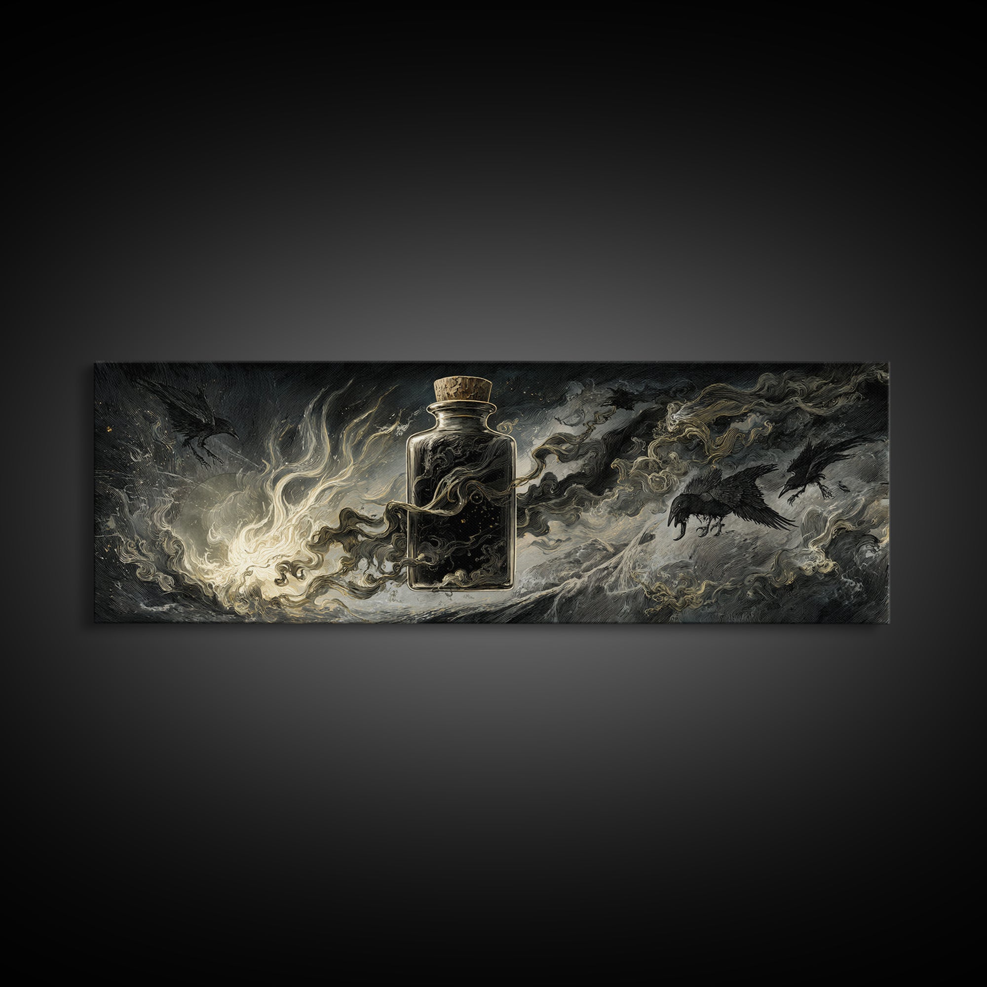 The Bottled Ghost, Visionary Gothic Art, Extra Wide Wall Art, Dark Fantasy Wall Art, Framed Canvas Print, Halloween Wall Art