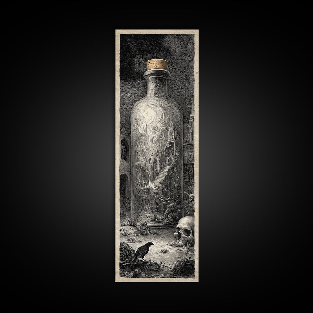 The Bottled Ghost, Architectural Etching Art, Tall Narrow Wall Art, Gothic Horror Wall Art, Canvas Print, Halloween Wall Art