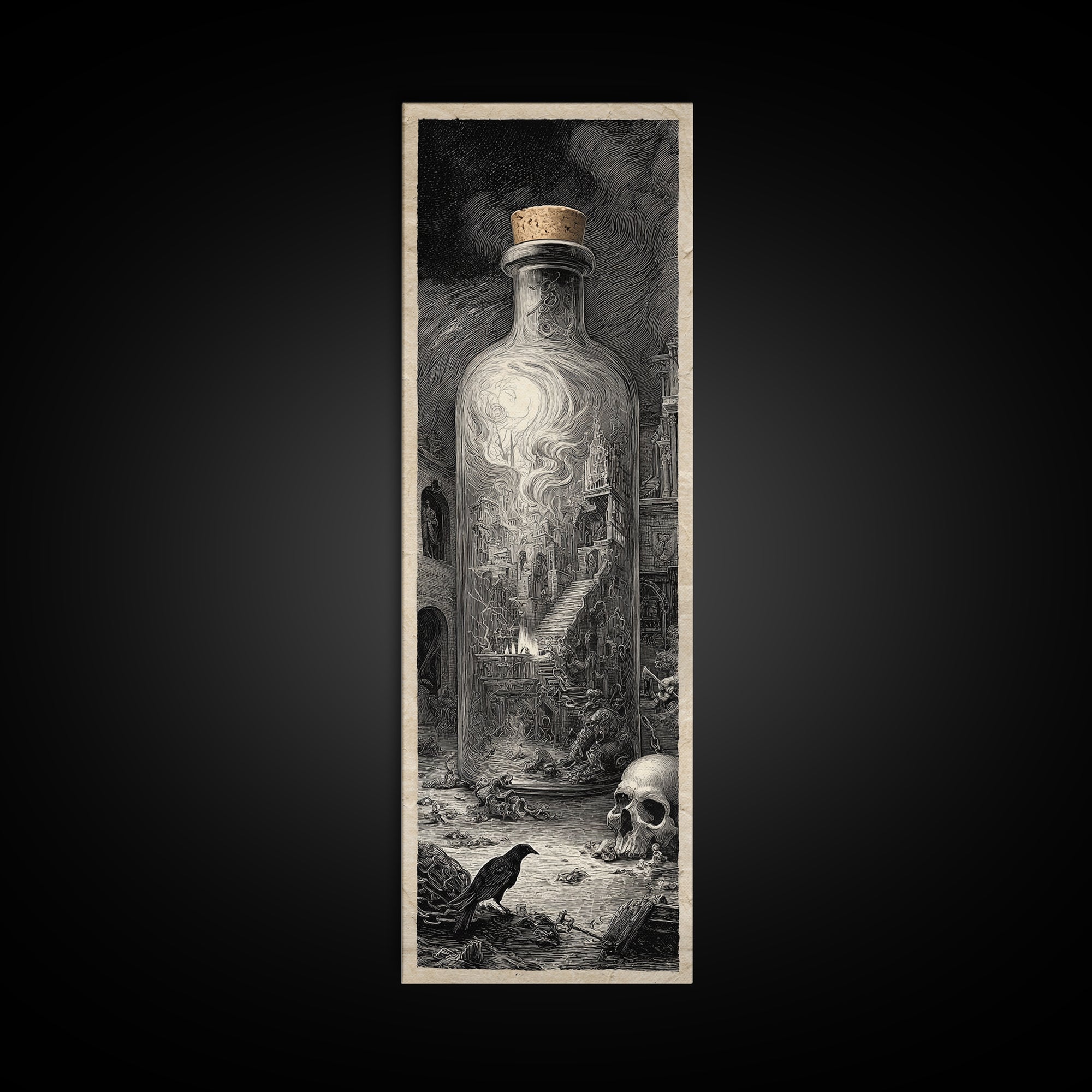 The Bottled Ghost, Architectural Etching Art, Tall Narrow Wall Art, Gothic Horror Wall Art, Canvas Print, Halloween Wall Art