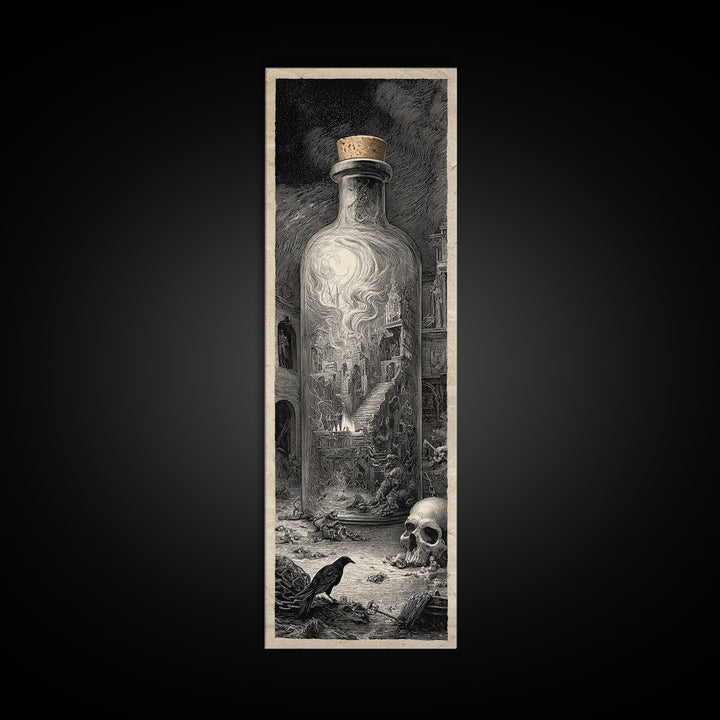 The Bottled Ghost, Architectural Etching Art, Tall Narrow Wall Art, Gothic Horror Wall Art, Canvas Print, Halloween Wall Art