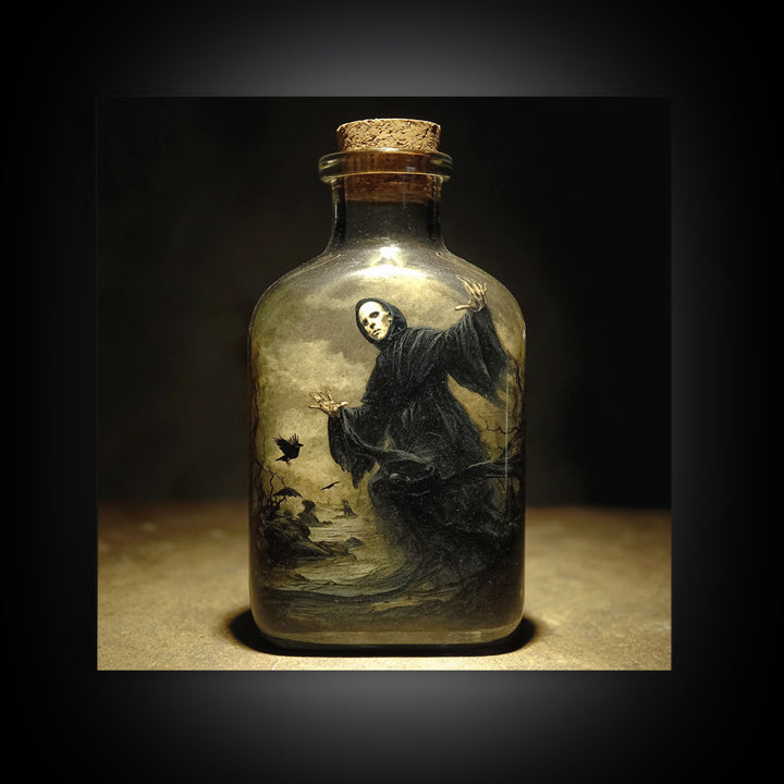 The Bottled Ghost, Symbolist Gothic Landscape, Square Wall Art, Dark Halloween Decor, Canvas Print, Halloween Wall Art, Horror Wall Art