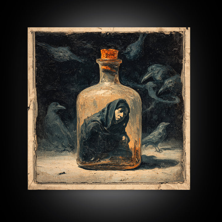 The Bottled Ghost, Dark Symbolist Art, Square Wall Art, Dark Halloween Decor, Canvas Print, Halloween Wall Art